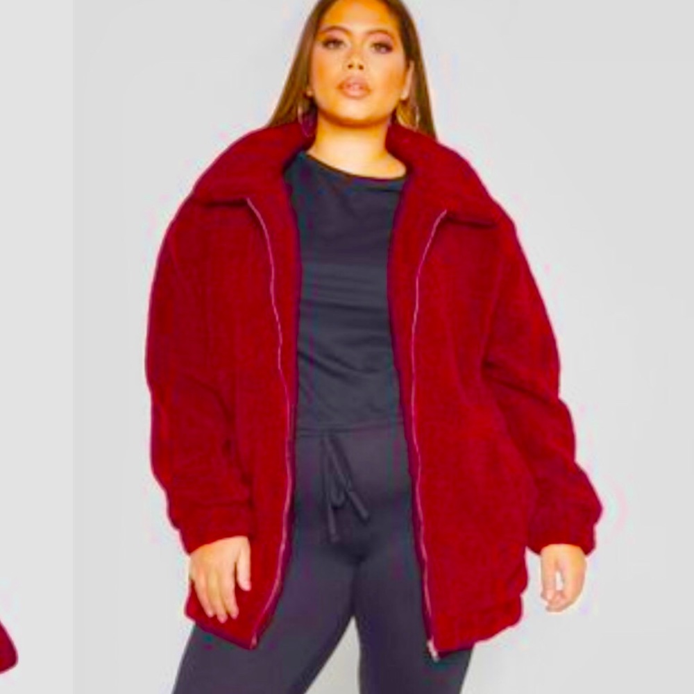 Red teddy bomber coat